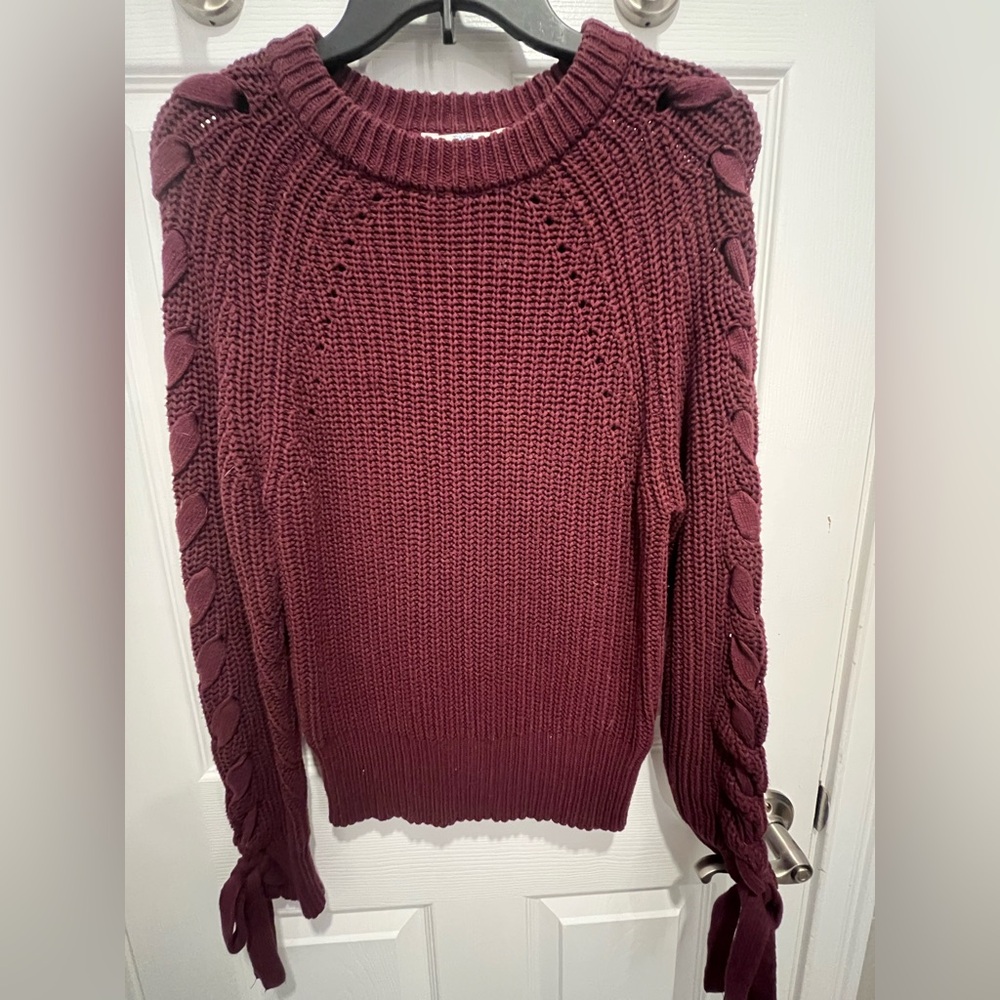 Red Wine Crew Neck Sweater with Cable Knit Details